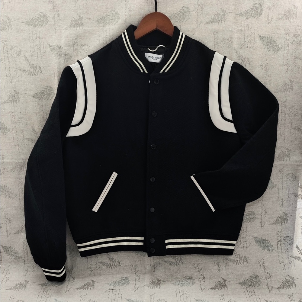 Saint Laurent Black and White Contrast Varsity Bomber Jacket - Picture 3 of 8